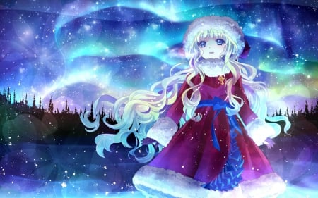 Anime girl - aurora, sky, borealis, anime, girl