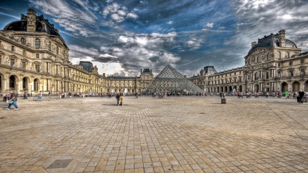 majestic louvre museum in paris hdr - people, pyramids, clouds, plaza, hdr, museum