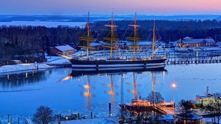 old sail ship docked on a river in winter - river, winter, docks, sail ship, lights, dusk