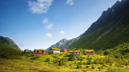 norwegian village in a green valley - village, mountains, valley, grass