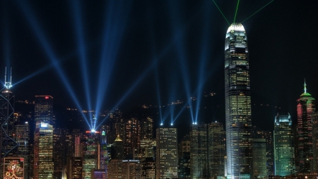 flood lights atop hong kong skyscrapers - night, skysctapers, cty, lights