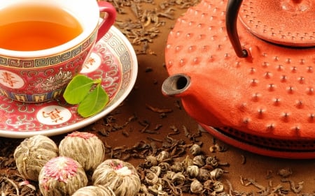 Tea - drink, cups, drinks, orange kettle, Tea, kettle, cup