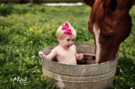 child and horse best friends - pail, child, horse, grass