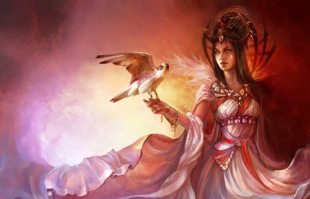 Princess and Hawk - image, beautiful, serene, girl, beauty, lovely, pink, cg, fantasy, painting, digital, woman, hawk, princess, art, wallpaper