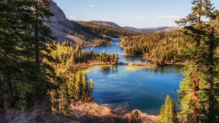 Blue Lake - trees, water, blue, forest, shadow, mountain, nature, green, lake, sky, rocks