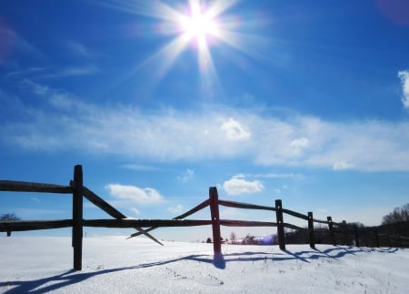 Sunbeams Show The Way - clouds, winter, sunbeams, fence, sunray, nature, field, sun, sky