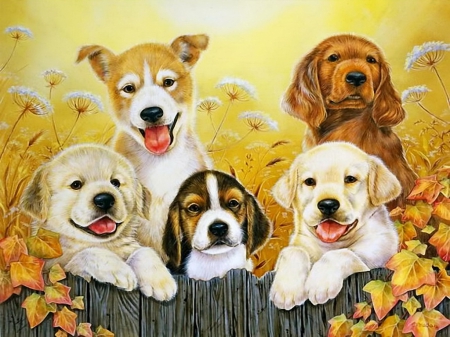 Sweet friends - adorable, smiling, wood, painting, art, beautiful, leaves, dogs, sweet, flowers, garden, cute, puppies