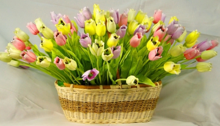 Basket with tulips - pretty, beautiful, lovely, still life, bouquet, leaves, harmony, flowers, basket, colorful, tulips, arrangement, nice, bunch