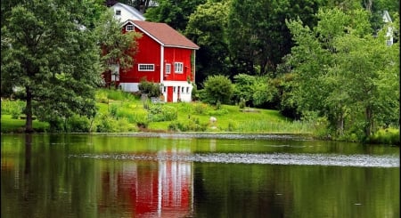 Calm place - calm, greenery, quiet, house, trees, summer, beautiful, forest, lovely, reflection, river, nature, lake, emerald, park