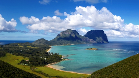 Lord Howe, Australia - ocean, beach, paradise, islands, clouds, grass