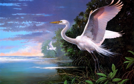 Herons - bird, water, blue, feather, heron, white, fly, green, les didier, painting, wings, lake, art