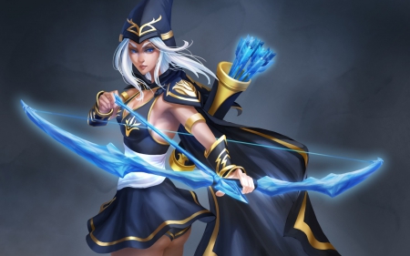 Ashe - woman, girl, ashe, fantasy, archer, game, blue, league of legends, arrow