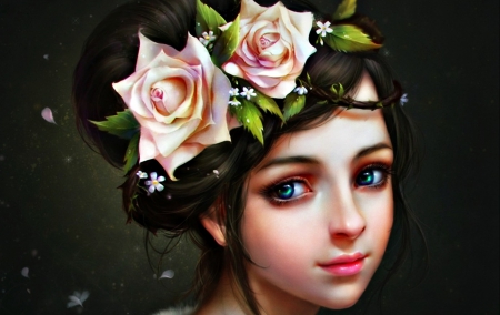 Beauty - beauty, girl, blue eyes, rose, fantasy, art, pink, portrait, green