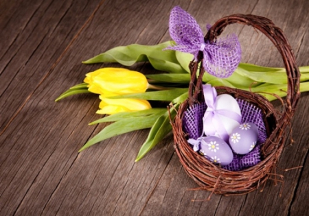 Easter basket - eggs, abstract, basket, tulips, Easter, still life