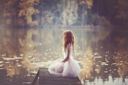 Dreaming by the Lake - woman, autumn, lake, pretty, girl, photography, beautiful