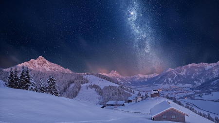 wonderful starry night above a town in a valley - sky, mountains, town, lights, winter, valley, stars, night