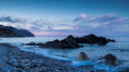 rocky mediterranean coast in spain - sundown, shore, stones, sea, rocks