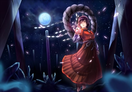 Yasaka Kanako - moon, touhou, yasaka kanako, anime, night, short hair