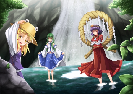 What Are You Waiting For? - anime, blonde, green eyes, green hair, long hair, japanese clothes, touhou, friends, purple hair, frog, hat, yellow eyes, water, moriya suwako, kochiya sanae, red eyes, waterfall, yasaka kanako