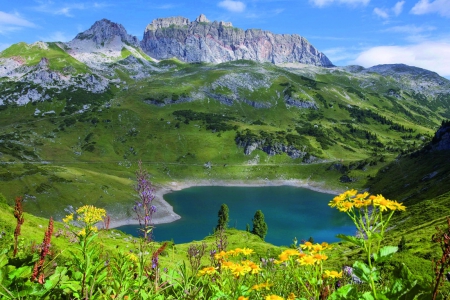 Mountain lake view - beautiful, landscape, slope, grass, lovely, mountain, flowers, shore, view, green, cliffs, lake, nice, emerald, sky, rocks