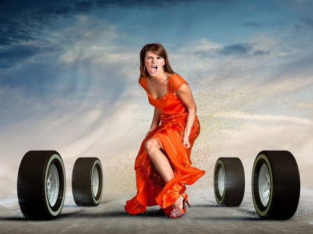 Wheels - dress, woman, wheels, rolling