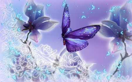 ★Purple Butterflies Sparkling★ - attractions in dreams, blue, creative pre-made, spring, holidays, happy, flowers, butterfly designs, purple, beloved valentines, vector arts, blue dreams, softness beautiful, digital art, sparkling, colors, lovely, cool, love, sweet, love four seasons