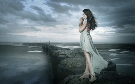 Waiting for you - sky, sea, woman, model