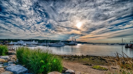 port jefferson harbor in long island ny hdr - ferry, rocks, clouds, harbor, boats, hdr, grass