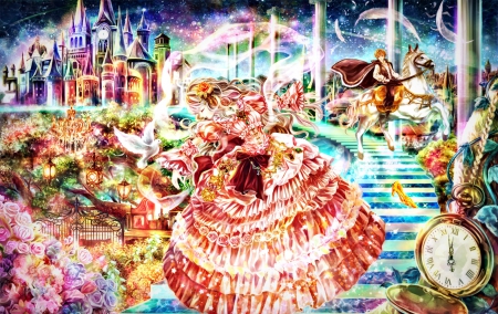 Cinderella - anime, shoe, blue, charming prince, dress, girl, clock, flower, pink, horse, manga, stairs, red, cinderella, castle, afraco