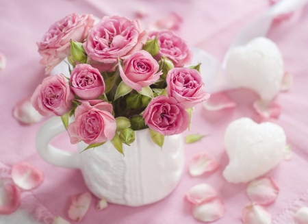 ♥Cup of Roses For You♥ - roses, petals, pink, still life, white, Valentines Day, Valentine, Valentines, hearts, cup