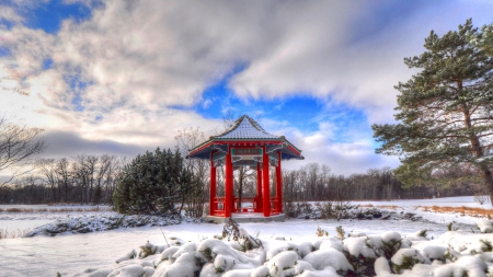 beautiful red oriental arbor in a winterscape - arbor, red, clouds, winter, oriental, orienal