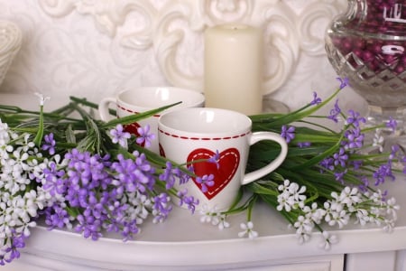 Valentine's Morning - flowers, cups, candle, Valentines Day, Valentine, Valentines, still life, hearts