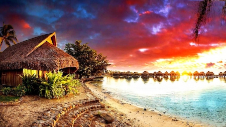 Moorea, French Polynesia - sky, pier, boats, clouds, sunset, cabin