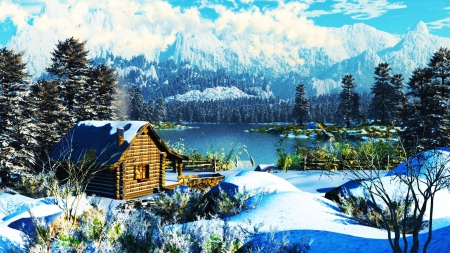 Cabin in Winter - firs, cottage, lake, landscape, trees, snow, mountains