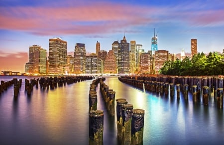 New York - city lights, skyline, water, skyscrapers, buildings, newyork, sky, clouds, river, city, splendor, nature, sunrise