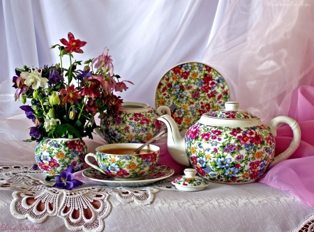 Tea Time - pot, flowers, porcelain, artwork, still life, cup