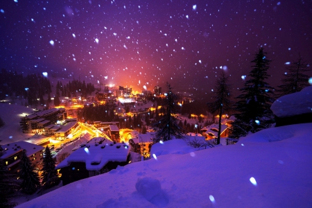 Bergamo, Italy - winter, snowflakes, lights, evening, snow, tres, snowfall