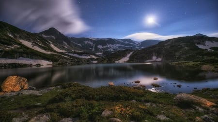 gorgeous night sky in nature - clouds, lake, night, mountains, stars, sky