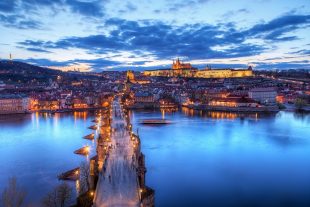 Prague - clocks, sky, town, prague, travel, blue, czech republic, lights