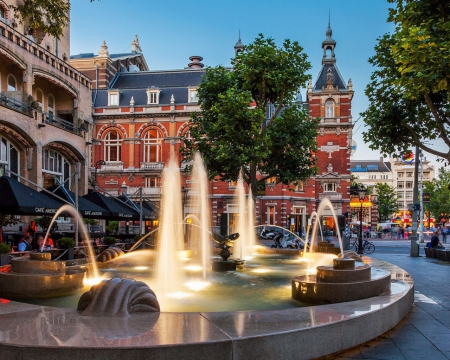 Amsterdam, Netherlands - street, travel, sidewalk, hotel, netherlands, fountain, city, cafe, amsterdam, old town, lights