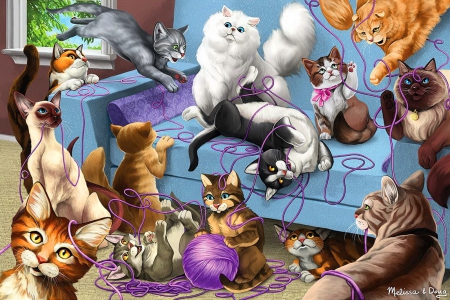 Feline fun - fun, beautiful, mess, sweet, joy, yarn, playing, kittens, funny, painting, feline, cute, cats, adorable, art, kitties