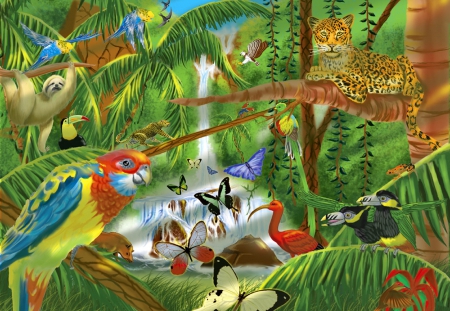 Rainforewst - leopard, birds, butterflies, parrot, monkey, leaves, exotic, art, greenery, palms, trees, rainforest, waterfall, painting, jungle, animals, wild