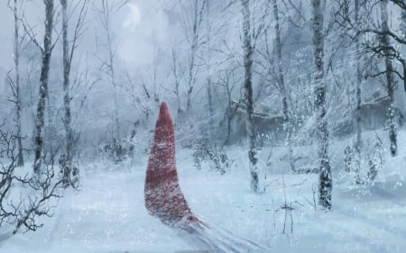 Lost In The Storm - houses, woods, red, snow storm, fantasy