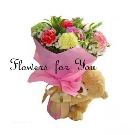 Flowers For You - love, bouquet, flowers, bear