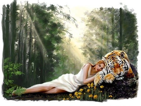 Summer Slumber - woman, slumber, fantasy, wood, art, painted, lady, serene, girl, wallpaper, summer, cg, nature, summer slumber, forest, beautiful, digital, friendship, tiger