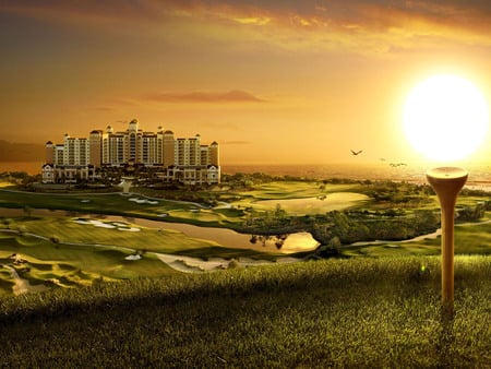 High End Golf Club - sport, golf, tee, sunset, sunrise, club