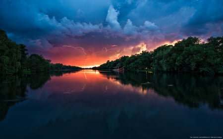 Lightning At Sunset - sky, trees, popular, wallpaper, sunset, nature, colours, river, clouds, force, lightning, new