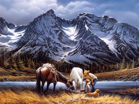 Purple Mountain Majesties - horses, art, mountain, couple, river, dog