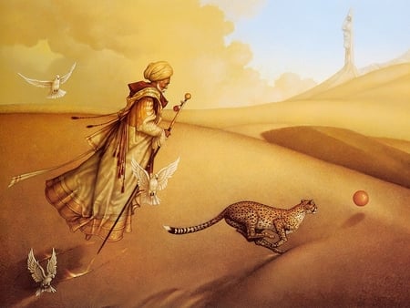 I LEAD MY MASTER - cheetah, desert, master, birds