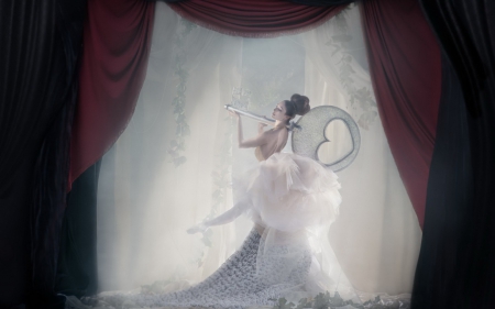 On the scene - woman, girl, heart, day, valentine, fantasy, curtain, white, red, umbrella, ballerina, scene, dress